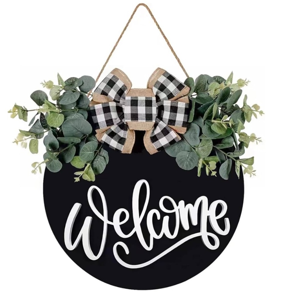 Welcome Door Decor Buffalo Check Bow Greenery
